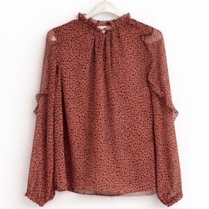 LOFT Sheer Animal Print Ruffle Neck Blouse Rust Black Size Small